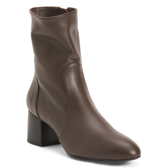 STUART WEITZMAN Walnut Brown Made In Spain Leather Flareblock 60 Zip Booties - Picture 1 of 2